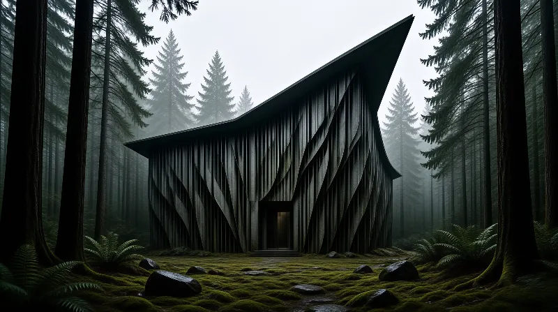 A dark angular timber building with layered slats stands among tall foggy evergreen trees and mossy rocks.