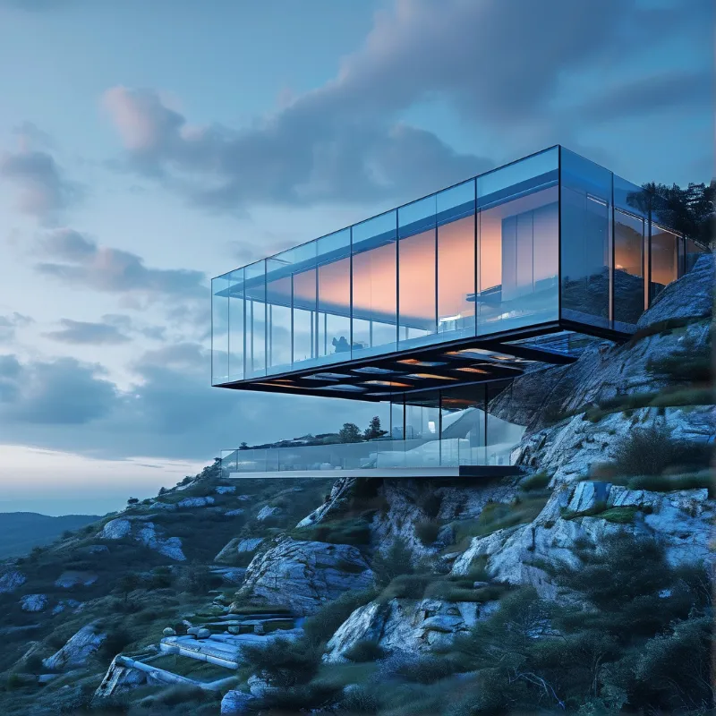 A modern glass house juts out from a rugged cliff face, lit warm inside against a blue twilight sky.