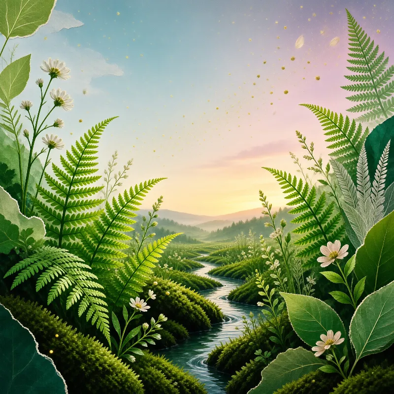 Lush green ferns and white wildflowers surround a winding river that flows through a misty valley under a soft gradient sky filled with floating golden particles.