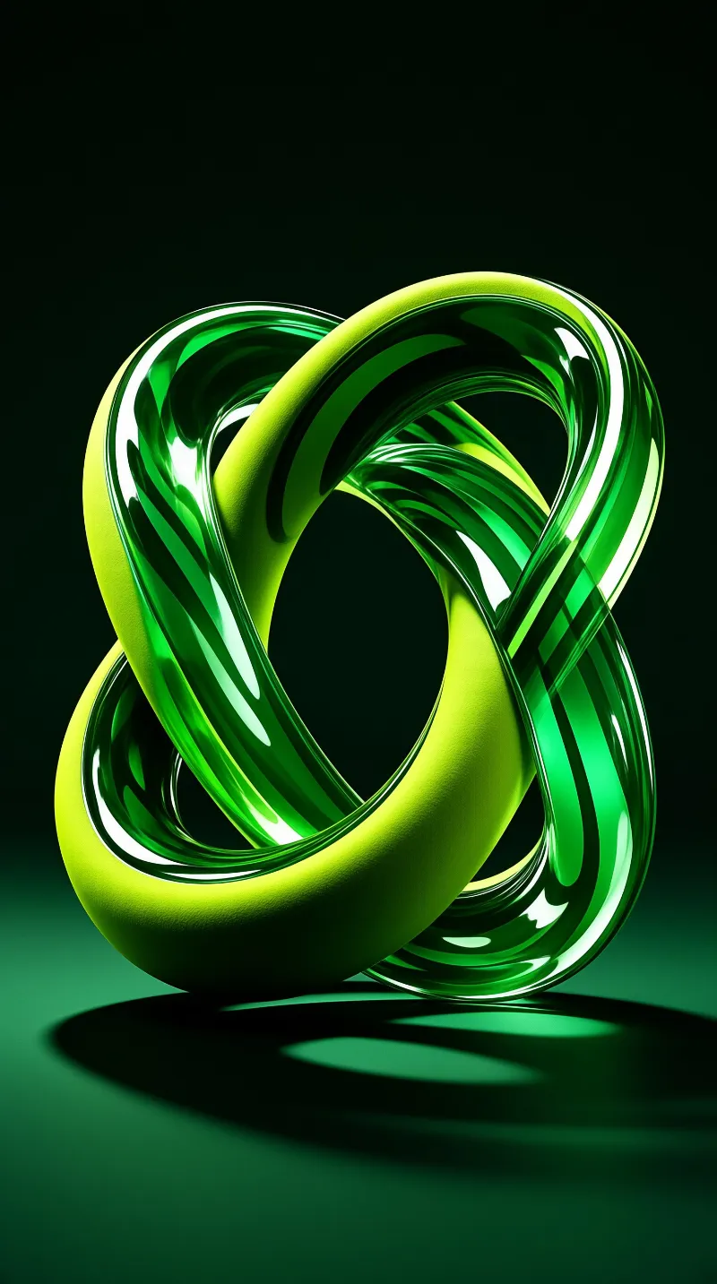 Shiny green tubular forms intertwine into a complex knot against a dark green background.