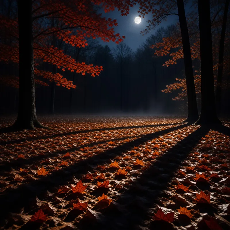 Tall dark trees stand over a forest floor covered in glowing red leaves beneath a bright full moon in the night.