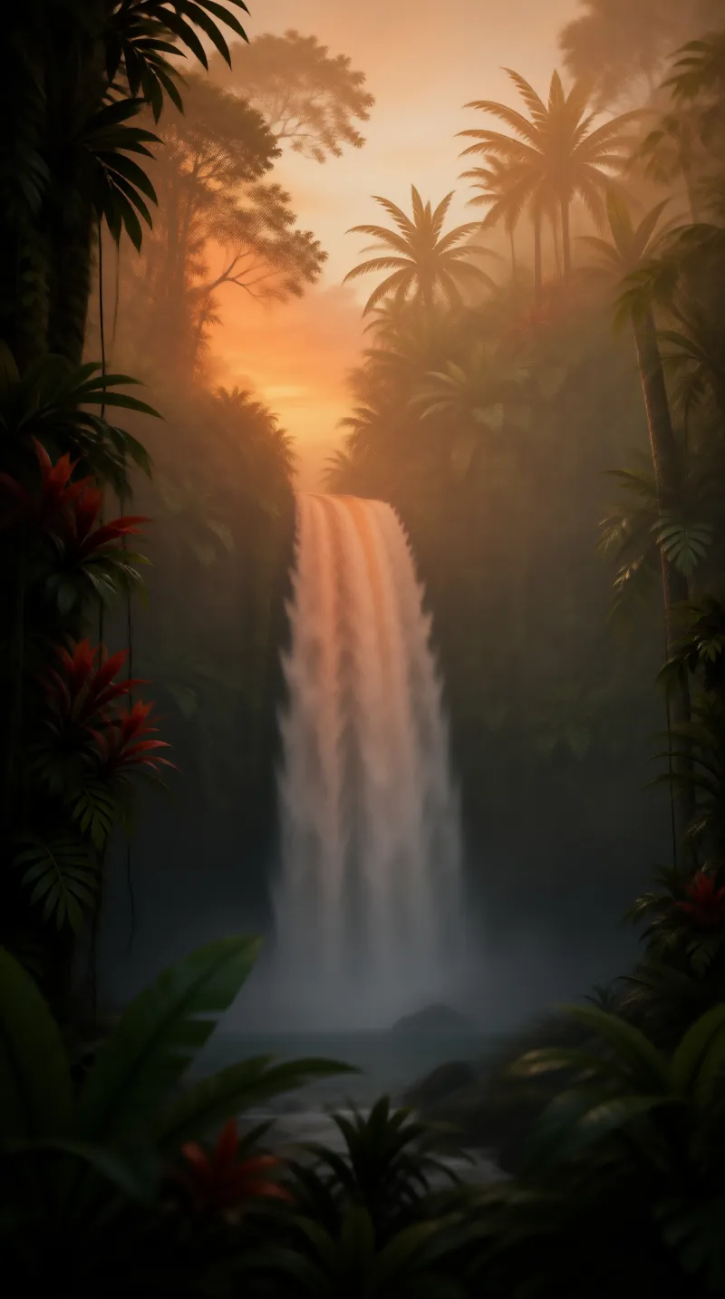 Tropical Waterfall Sunset