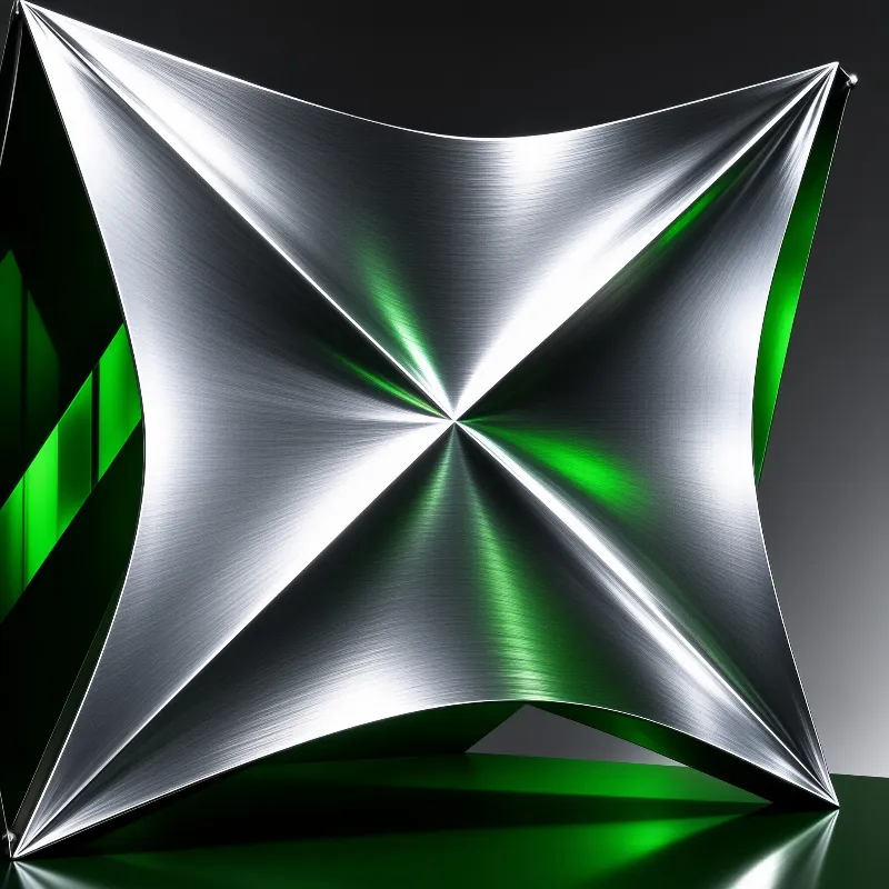 Twisted metallic sculpture displays a reflective silver exterior revealing a vibrant green interior light against dark background.