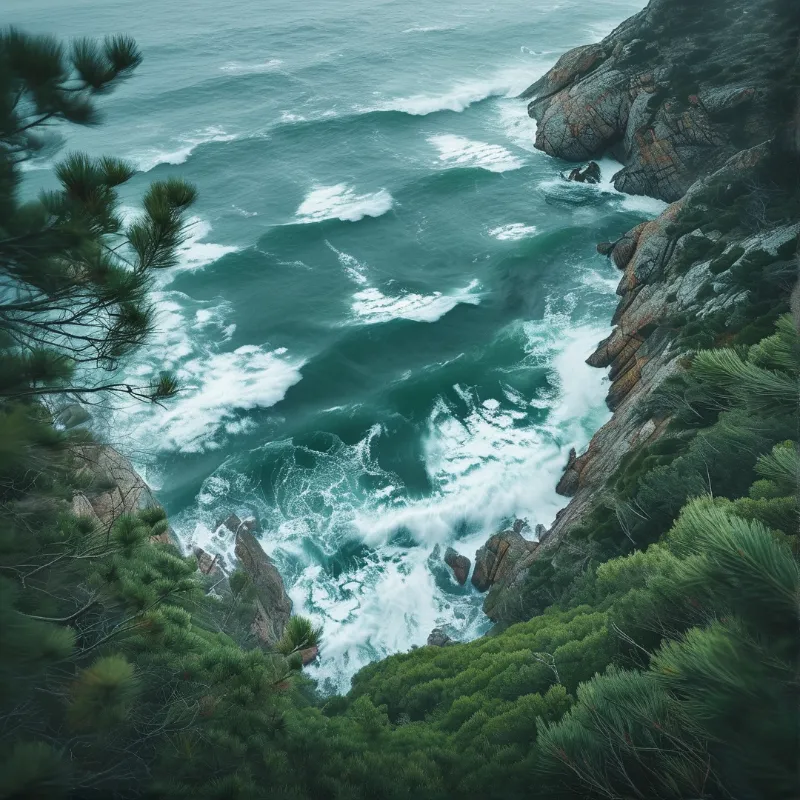 Raging ocean waves break against steep rocky cliffs surrounded by dense green foliage under a muted sky