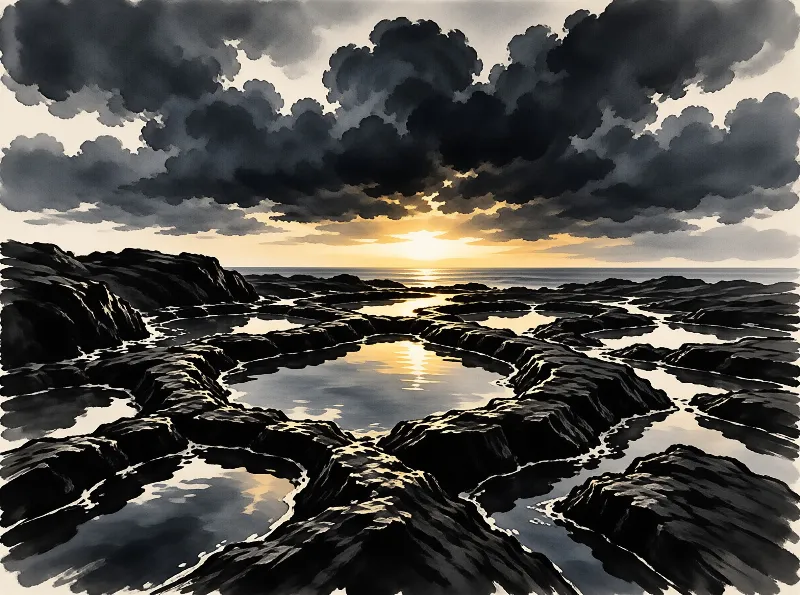 Heavy dark storm clouds loom over rugged rocky coast where sunlit tidal pools mirror the low golden setting sun on the horizon.