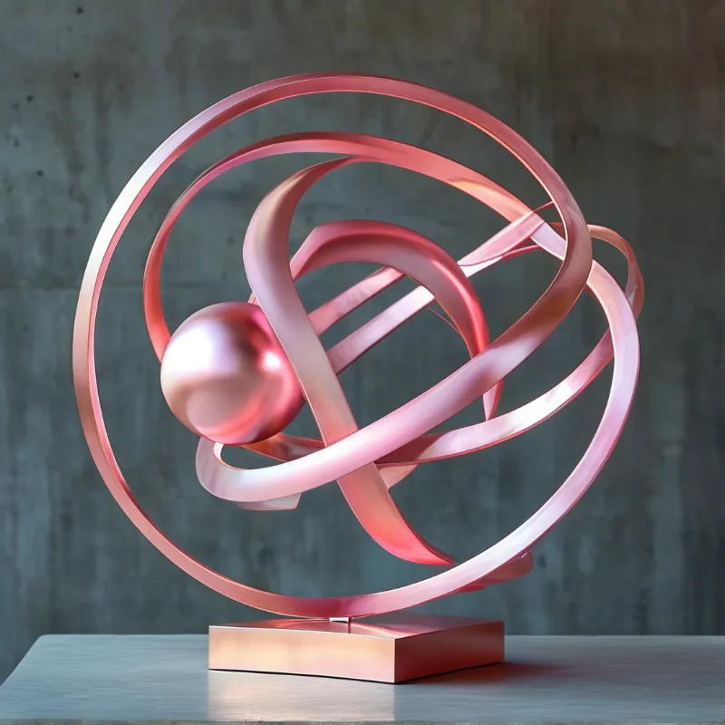 Interwoven rosy metal bands and a glossy sphere sit on a square base against a raw grey concrete wall with soft even light.