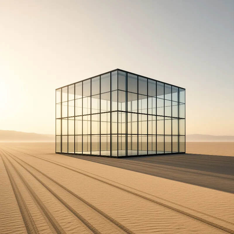 A glass cube structure stands in a desert with tire tracks leading to it under a soft golden sky.