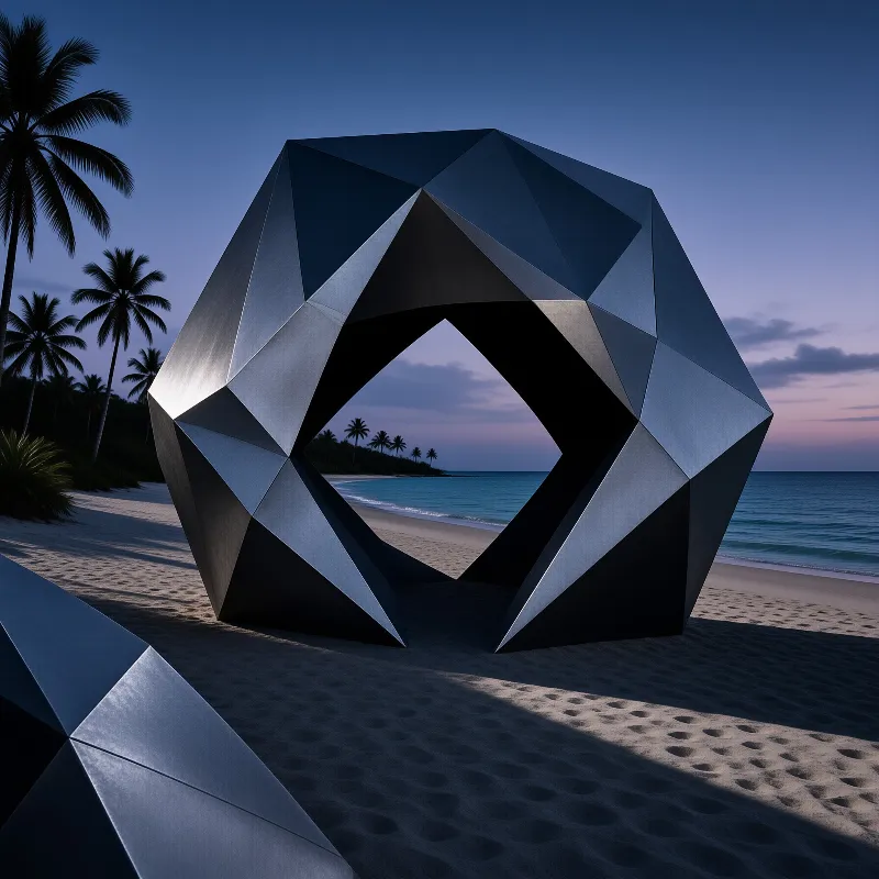 A large silver geometric sculpture stands on a sandy beach framing the ocean during twilight hours.