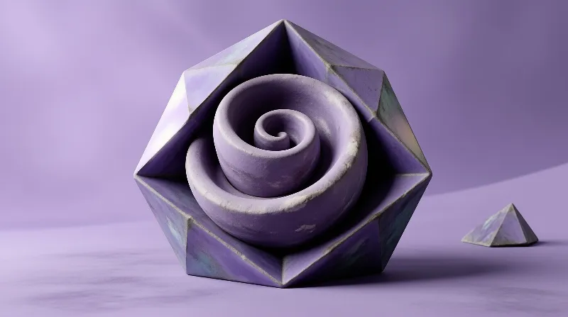 A violet faceted object featuring an internal tube sits on a matching floor under soft illumination.