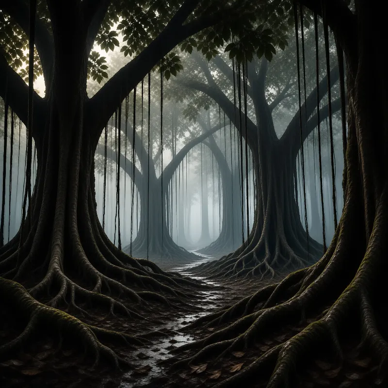 Enormous gnarled roots arch over a narrow trail where hanging vines dangle into a thick grey fog.