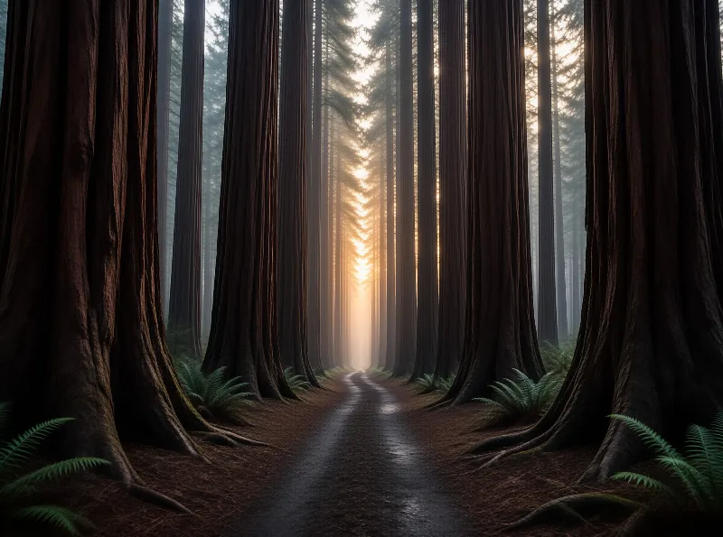 A narrow dirt trail cuts through a dense forest of towering redwood trees, warm golden dawn light filters through the canopy and fog down the path ahead, mossy roots line either side of the dark damp ground.