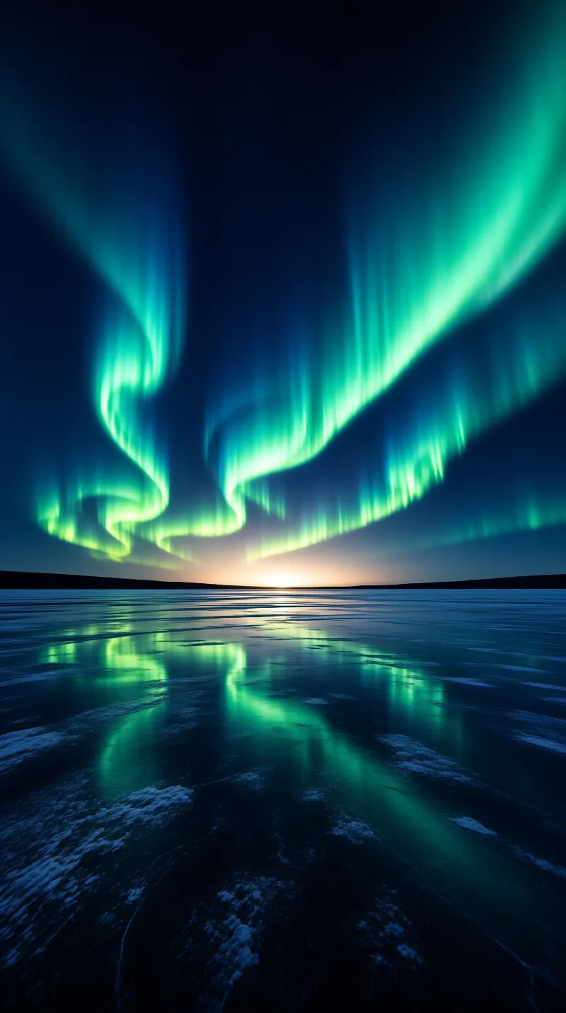 Vibrant green aurora borealis flows across the dark sky above a frozen lake reflecting the glowing lights.