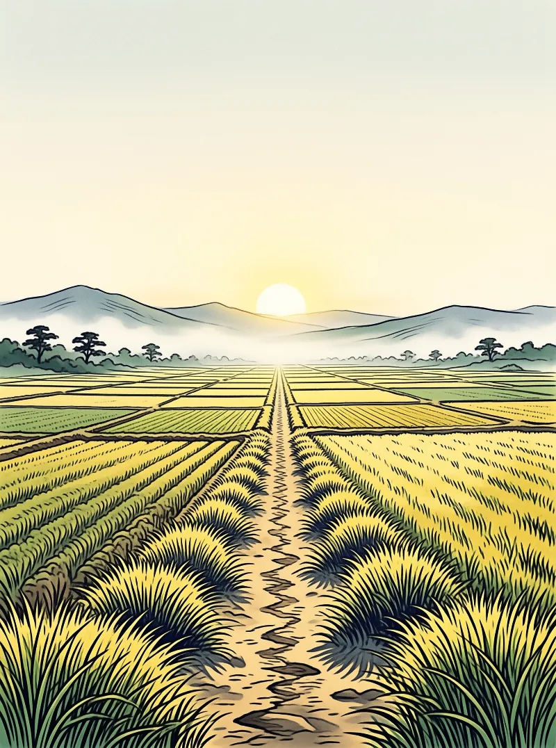 A printed trail runs between rows of golden crops toward soft blue mountains and a rising sun in a stylized landscape.
