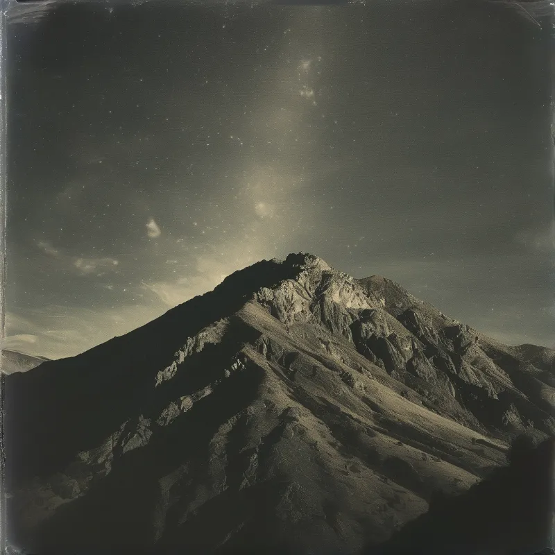 Rugged mountain slopes rise sharply against a dark sky scattered with bright stars and faint nebulous clouds.