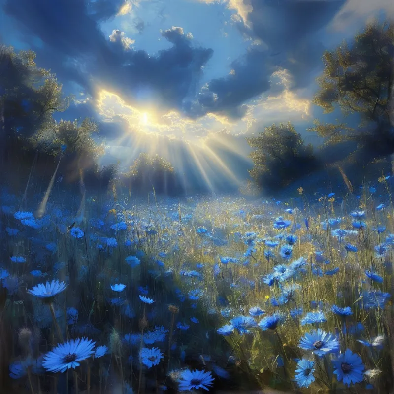 Sunlit Blue Flower Field
