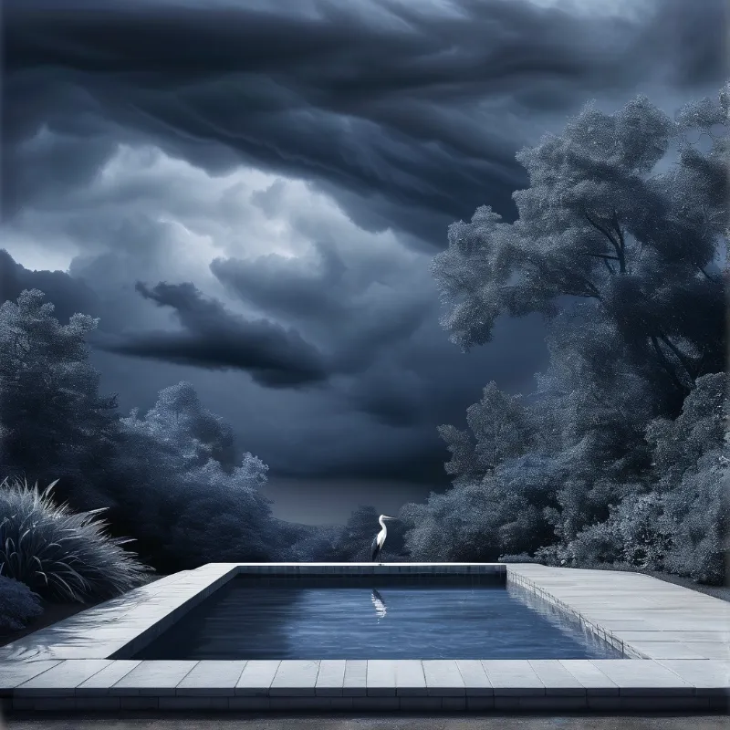 A lone pale heron perches at the edge of an empty tiled pool, framed by silver-toned trees beneath thick swirling dark storm clouds.
