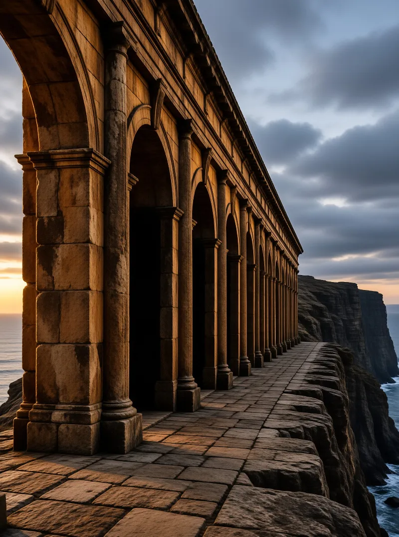 A row of weathered stone arches lines a dramatic coastal cliff under a cloudy sky during sunset