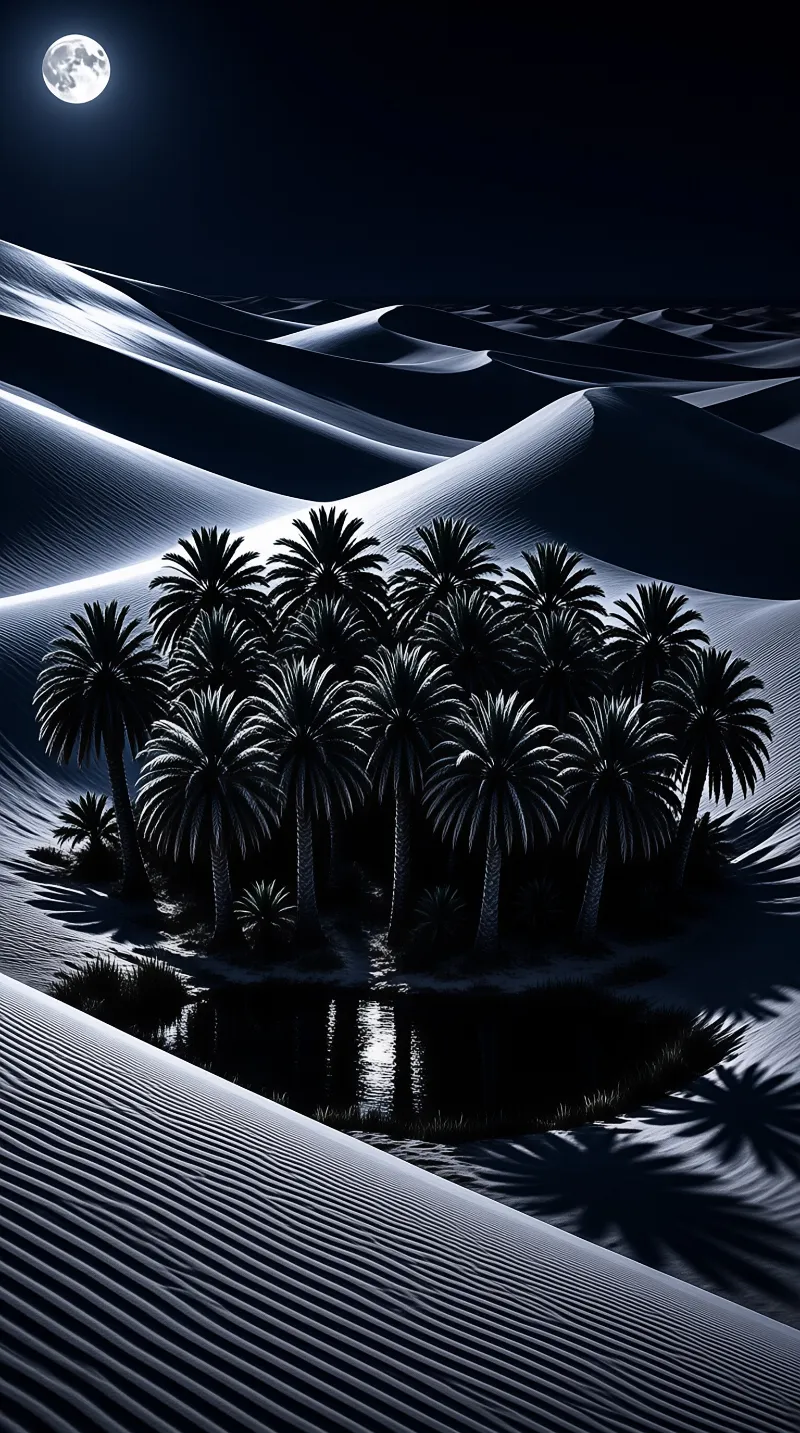 A cluster of palm trees rises from a desert oasis at night under a bright full moon casting shadows across rippled sand