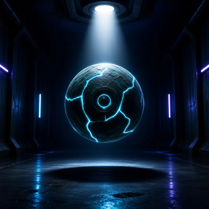 A dark sphere with glowing blue fractures hovers in a dim futuristic corridor lit by a single overhead beam.