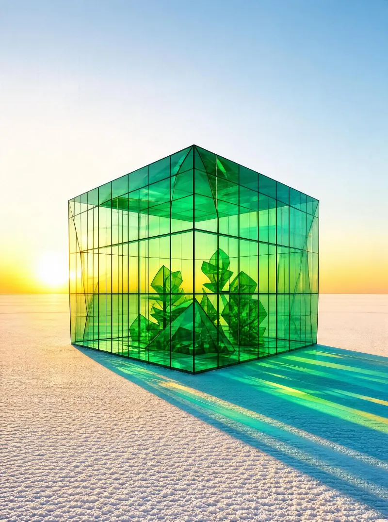 A glass cube structure on a vast salt flat as the sun sets, casting warm light and long shadows across the white surface.