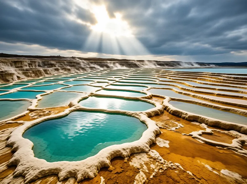 Layered mineral formations fill with turquoise water under a dramatic sky where sun rays pierce dark clouds
