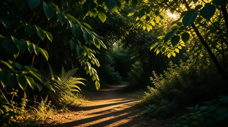 Sunlight filters through dense green trees onto a winding dirt path deep within a quiet shadowed forest.