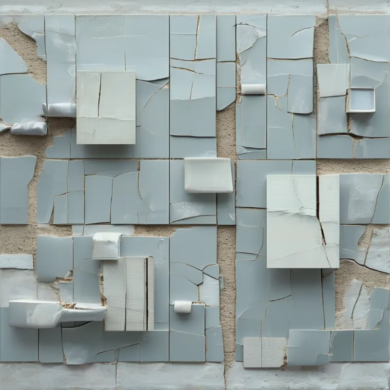 A close-up of a distressed wall with broken pale blue ceramic tiles revealing a rough beige sandy substrate underneath.