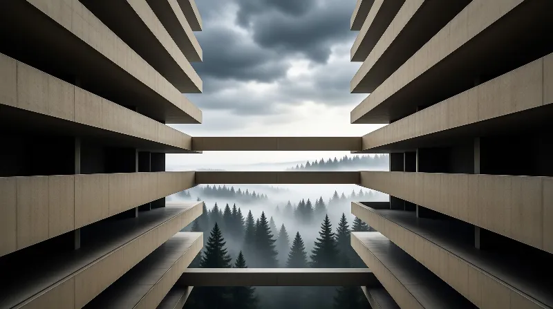 Horizontal concrete layers form a frame looking out onto a misty forest of pine trees beneath a cloudy sky.