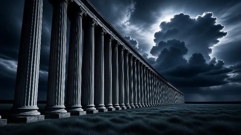 Classical stone columns line a vast grassy field beneath heavy dark clouds illuminated by piercing light rays.