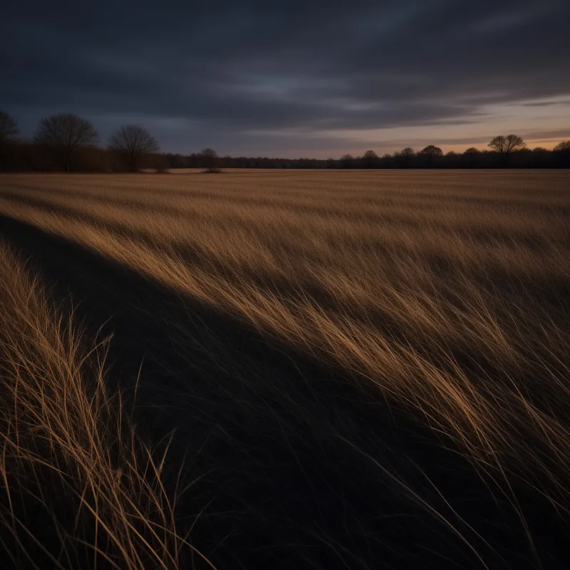 A vast field of dry vegetation stretches towards a distant treeline beneath a moody dusk horizon.
