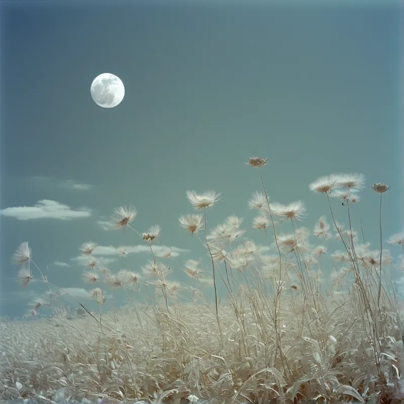 Fluffy white dandelion seed heads stand tall against a gradient blue sky with a luminous full moon visible above.