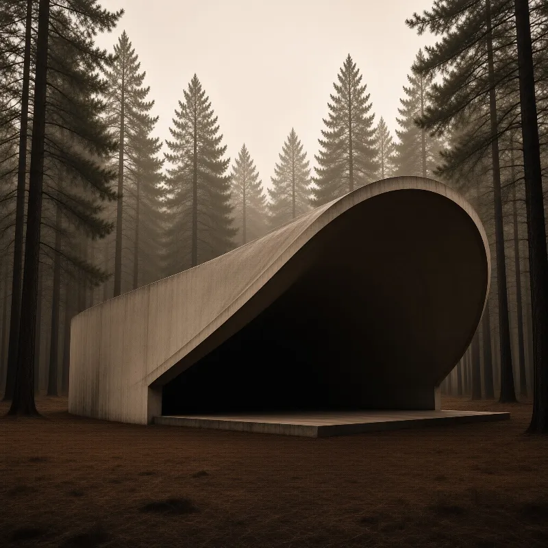 A massive curved concrete form sits isolated within a dense forest of tall pine trees shrouded in thick atmospheric fog.