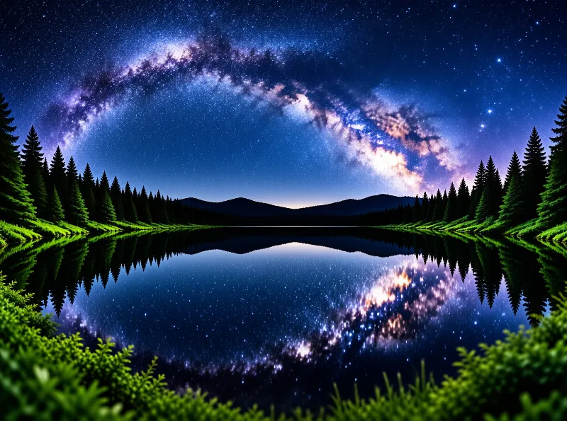 The Milky Way spans the dark blue night sky above a calm lake surrounded by evergreen trees and distant mountains while the bright stars and galaxy reflect perfectly in the still water surface creating a symmetrical composition with green foliage in the foreground framing the scene.
