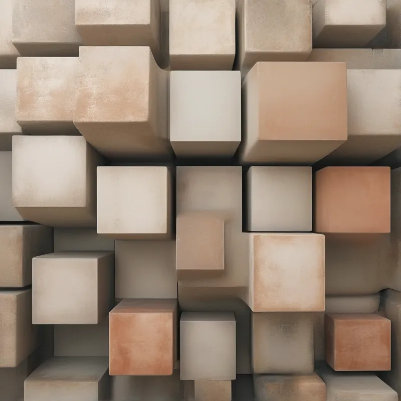Beige concrete blocks are arranged in a staggered grid with soft shadows highlighting their geometric forms.