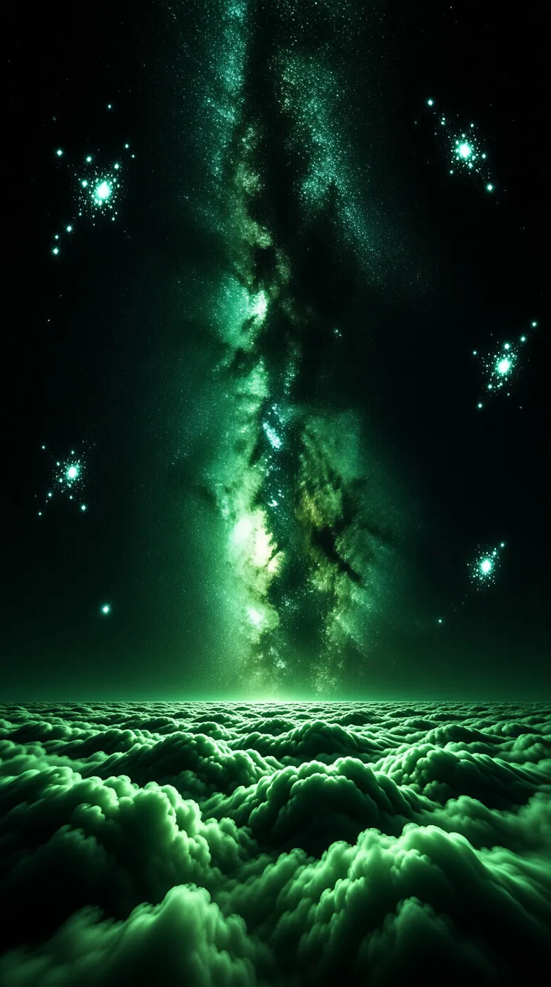 A vast expanse of glowing green clouds stretches beneath a starry sky filled with a bright vertical nebula.