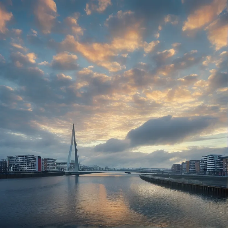 A tall white cable-stayed pylon rises above a wide urban river as sunset clouds light the opposite apartment blocks.