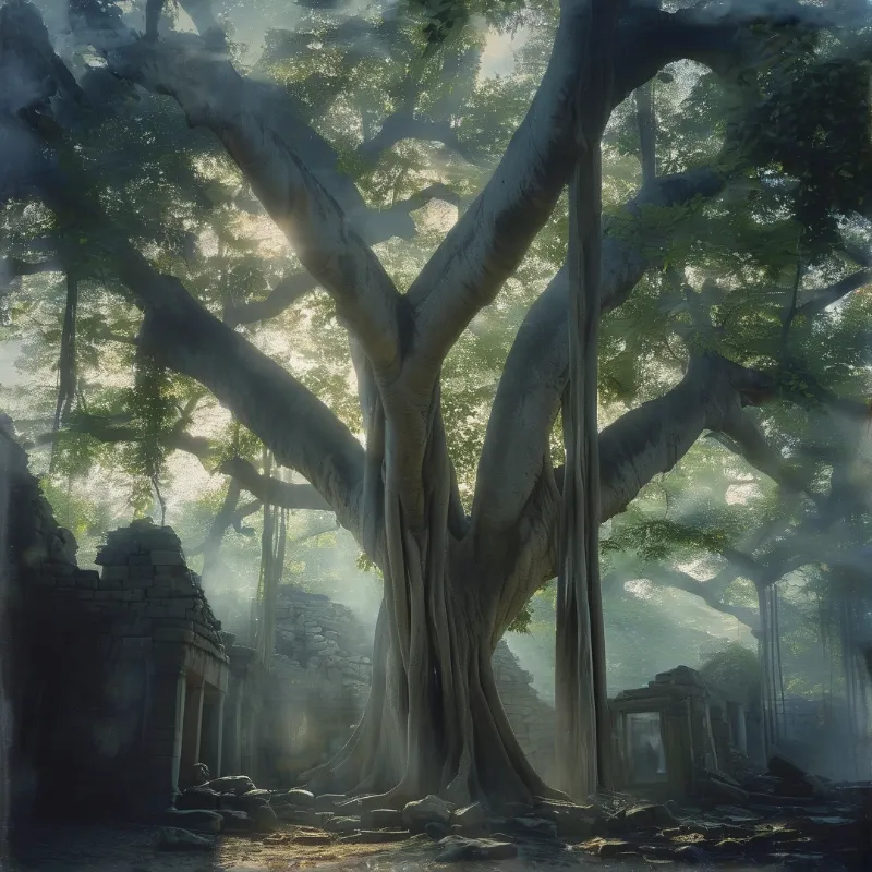Sunbeams pierce the misty jungle to light the massive banyan tree rooted in crumbling old stone temple ruins