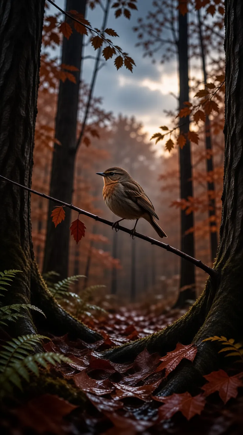 A brown warbler perches on a twig above fallen leaves in a misty forest at dusk.