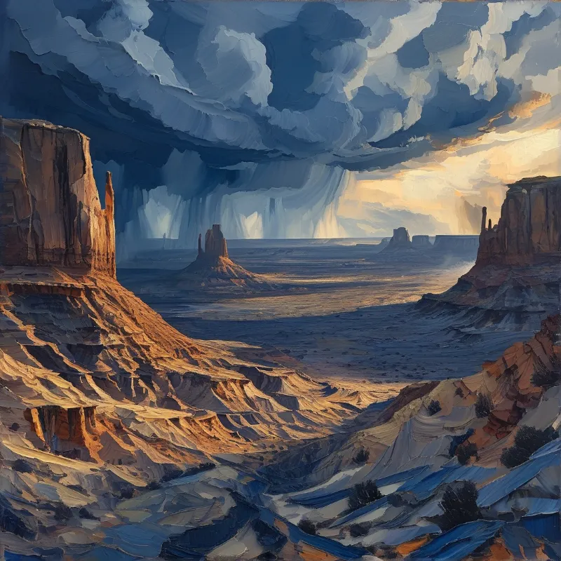 A desert canyon with towering rock formations under a stormy sky, sunlight breaking through clouds to light the landscape.