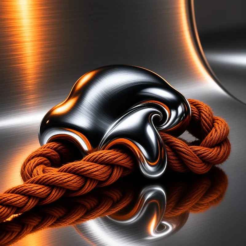 A glossy silver liquid form is twisted together with a thick orange rope on a reflective metallic surface.