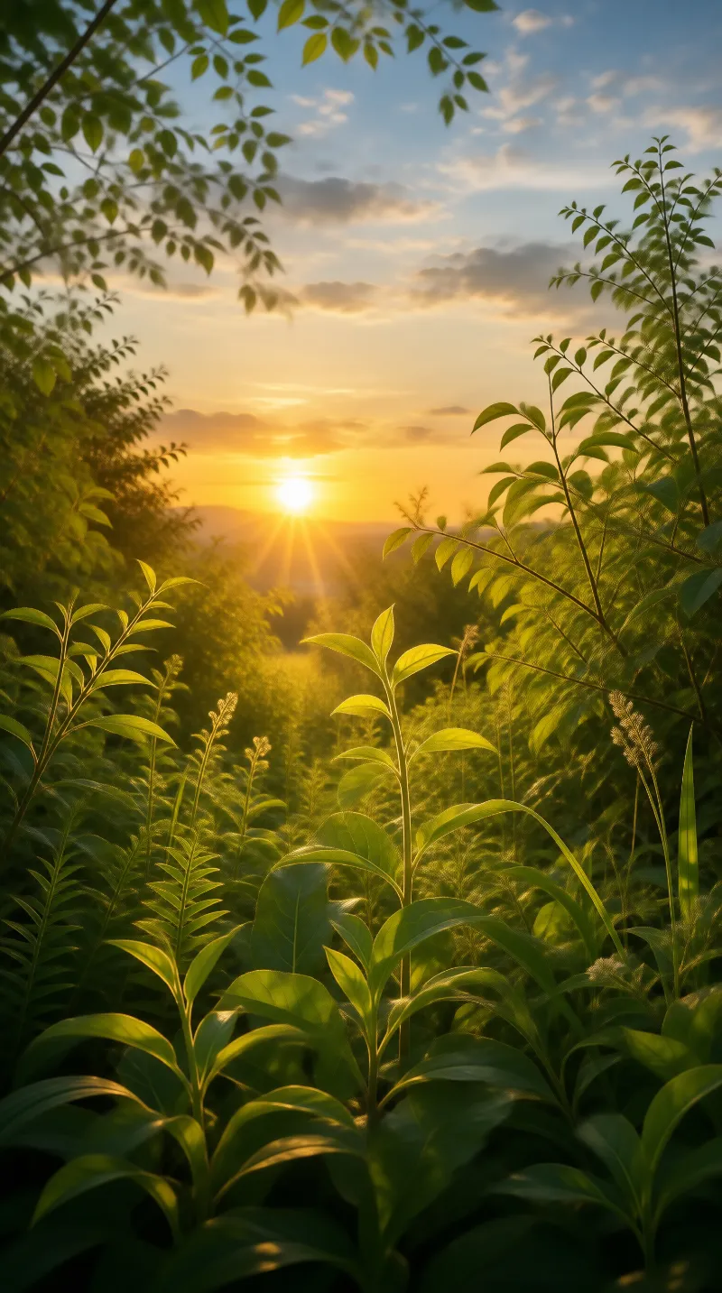 Golden Sunrise Over Green Foliage