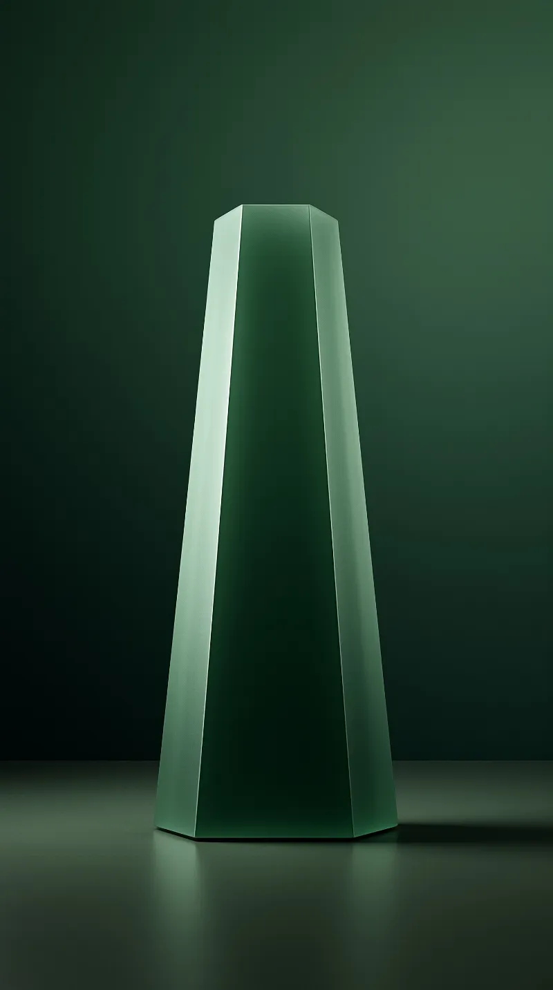 A tall, faceted green geometric structure stands alone in a dimly lit room with matching green walls and floor.