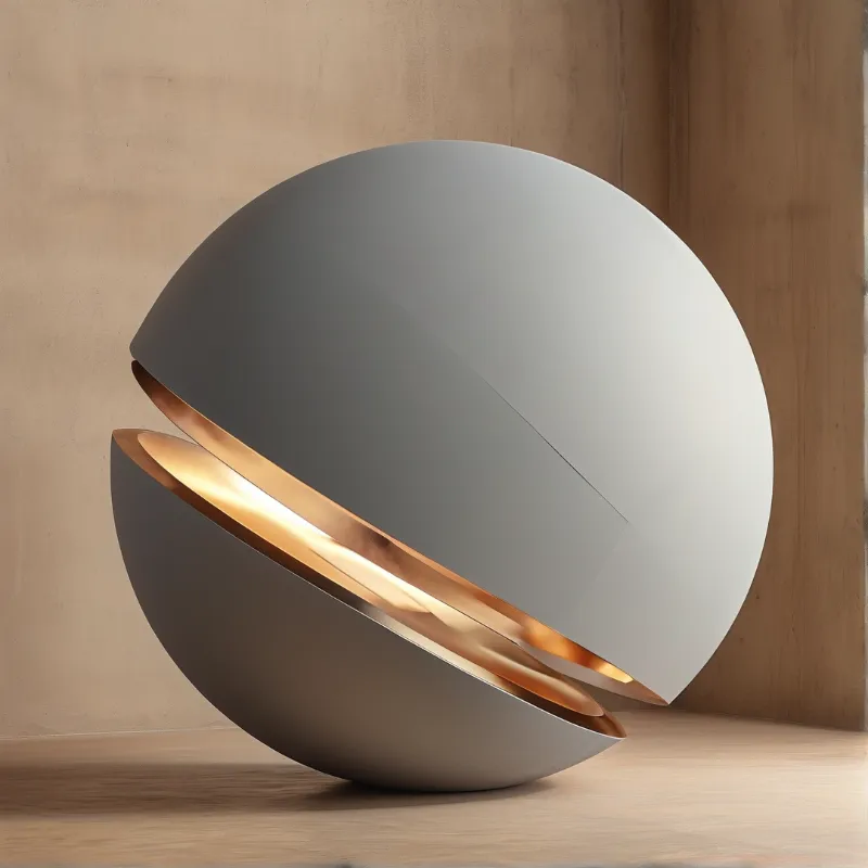 A matte white sphere with a slanted cut reveals a reflective gold interior while resting on a wooden surface.