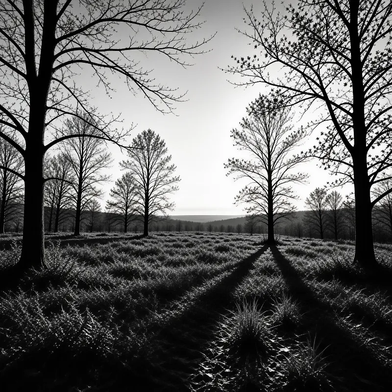 Bare winter trees in black and white cast long dark shadows across a textured meadow toward a distant treeline