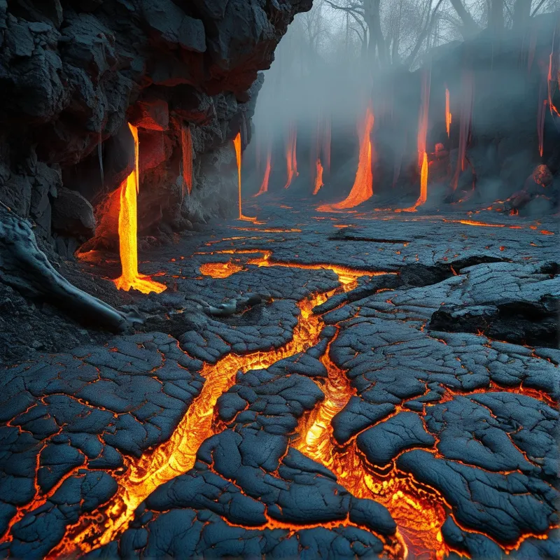 Bright orange molten rock pours down dark cliffs and winds across the ground amidst foggy trees.