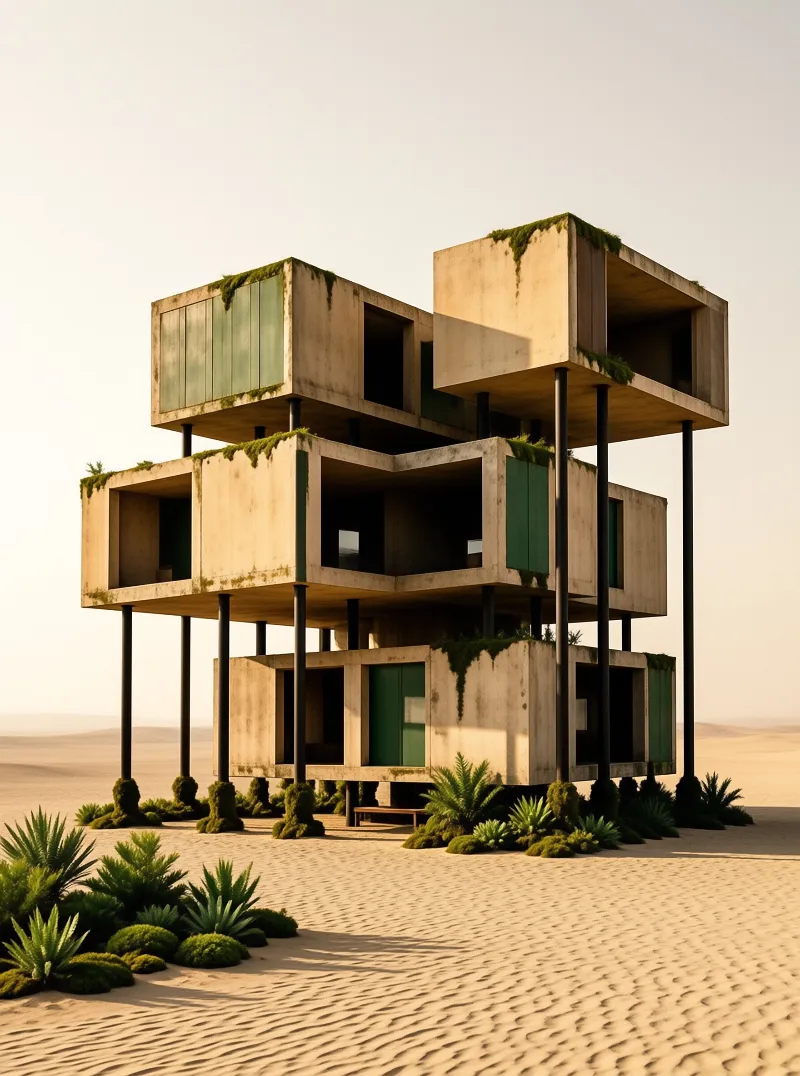 Weathered cubic rooms balance on slender columns above rippled dunes, with moss trailing from their roof edges.