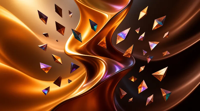 A polished bronze stream twists vertically while scattered prism shards reflect warm amber and purple hues.