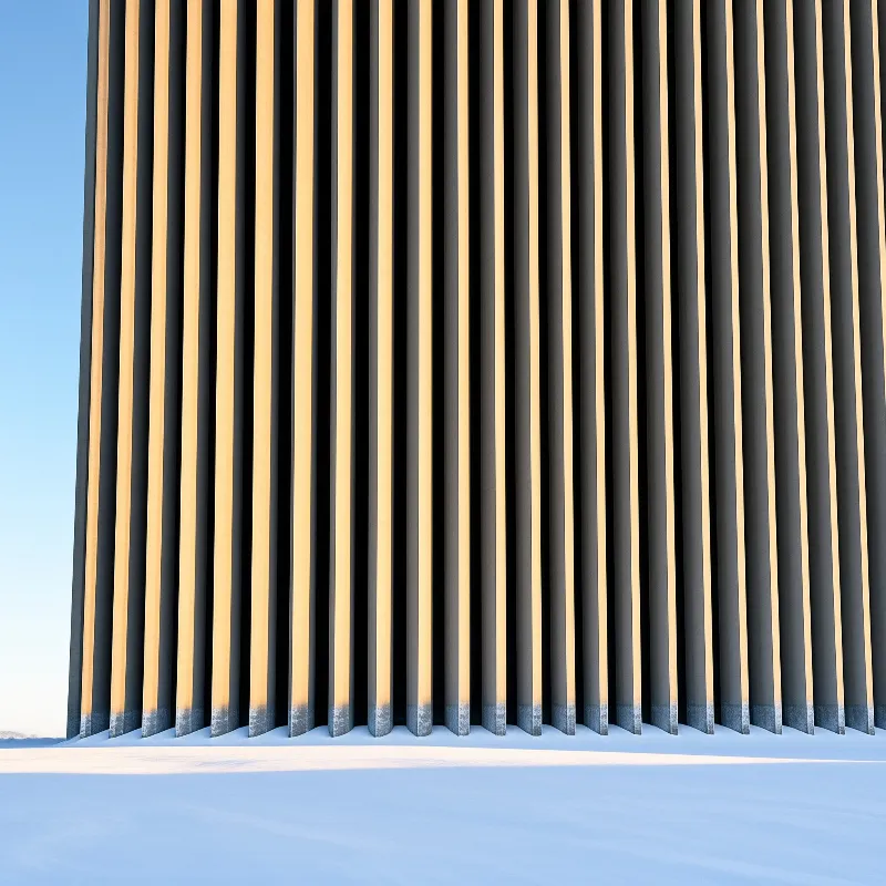 Tall dark vertical building fins glow with warm golden light against a clear blue sky, standing on a snow covered ground.