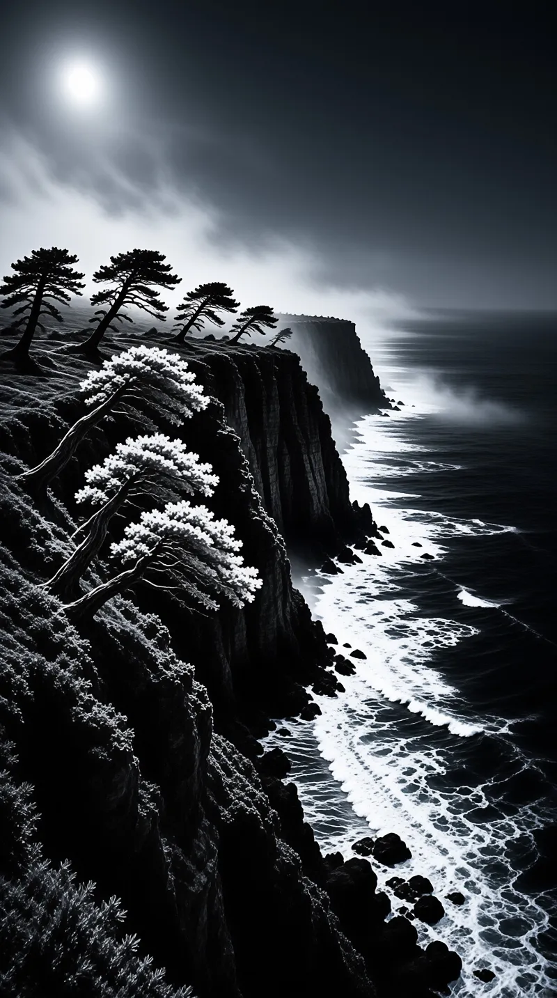 Dark cliffs plunge into white ocean waves while pine trees lean over the edge beneath a bright sky.
