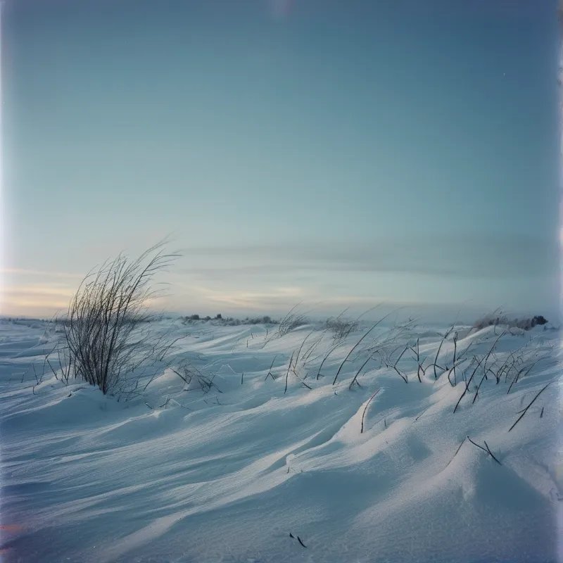 Tufts of dry grass poke through rippled snow dunes under a pale winter sky.